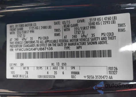 2015 Ford Escape Se from USA, damaged, VIN 1FMCU9GX4FUB87135